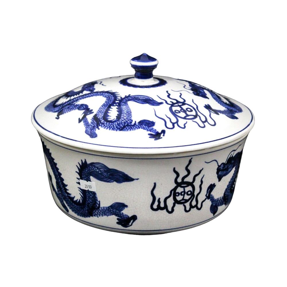 20th Century Porcelain Chinoiserie Blue White Dragon Covered Dish Serving Bowl